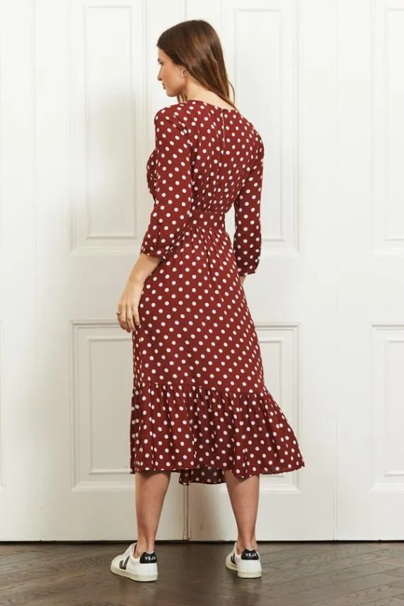 Sosandar Tuscan Red Polka Dot Belted Tiered Midi Dress Women Dresses