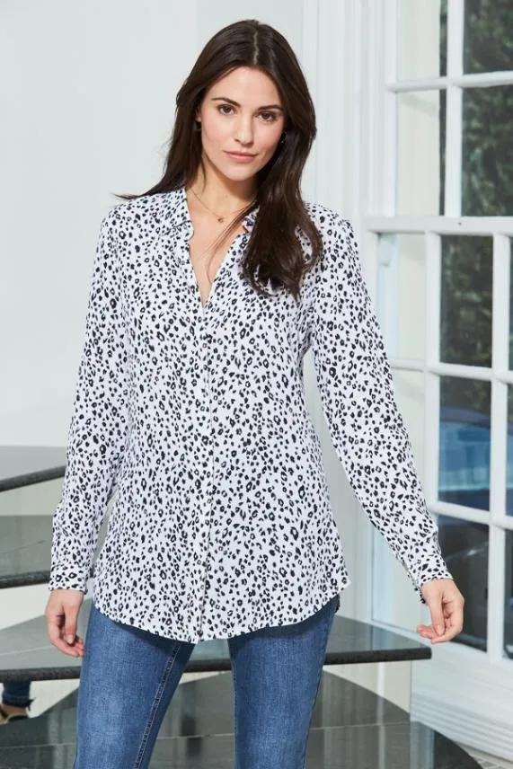 Sosandar White and Black Animal Print Longline Shirt White Black Women Tops