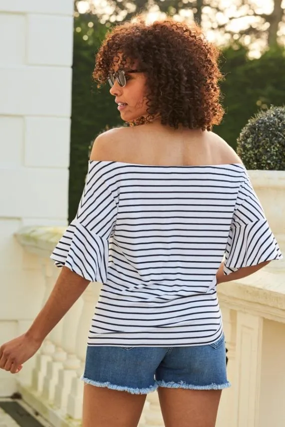 Sosandar White and Black Stripe Fluted Sleeve Jersey Bardot Top White Black Women Tops