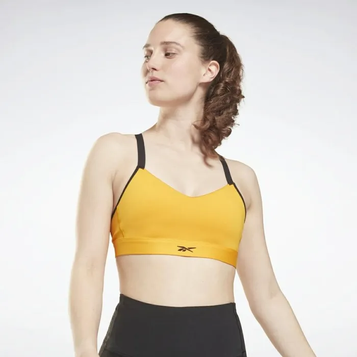 Sports Bras Womens Reebok Lux Strappy MediumImpact Sports Bra Semi Solar Gold