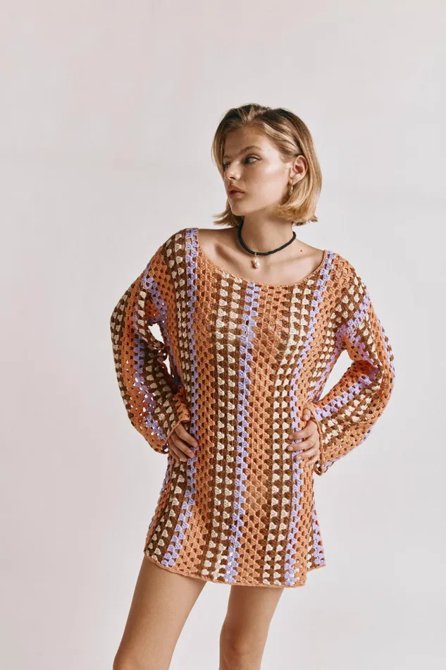 VRG GRL Mini Dresses Myra Crochet Mini Dress Apricot 8211 Women