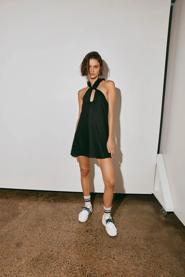 VRG GRL Mini Dresses Natassia Linen Halter Mini Dress Black 8211 Women