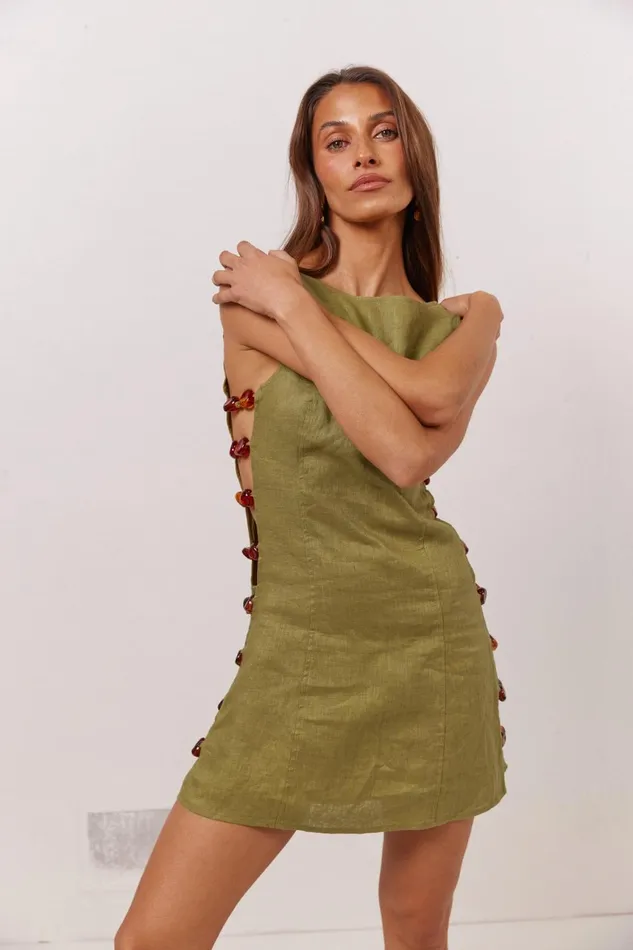 VRG GRL Mini Dresses Tia Linen Mini Dress Olive 8211 Women VRG GRL Mini Dresses Tia Linen Mini Dress Olive 8211 Women