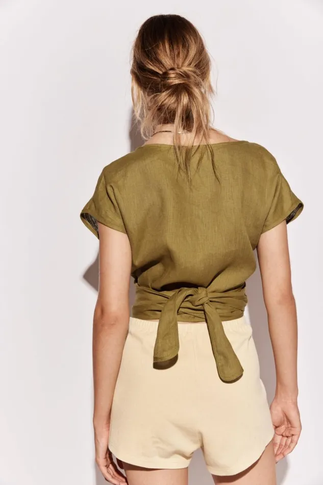 VRG GRL Short Sleeve Sea Glass Linen Wrap Top Olive 8211 Women VRG GRL Short Sleeve Sea Glass Linen Wrap Top Olive 8211 Women
