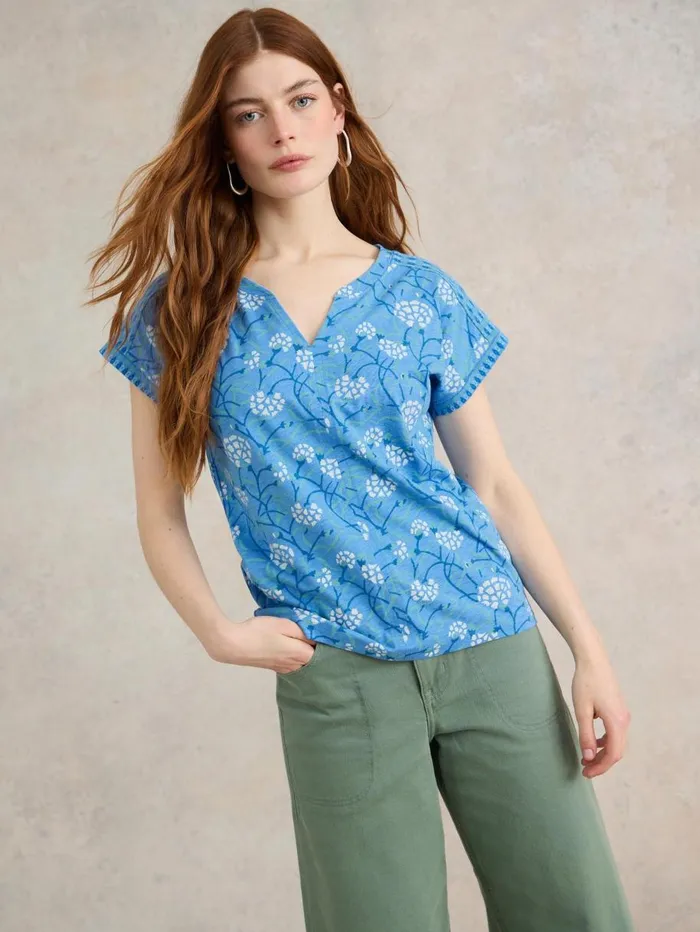 White Stuff TOPS and TEES NELLY NOTCH NECK COTTON TEE Blue Print 8211 Women White Stuff TOPS and TEES NELLY NOTCH NECK COTTON TEE Blue Print 8211 Women