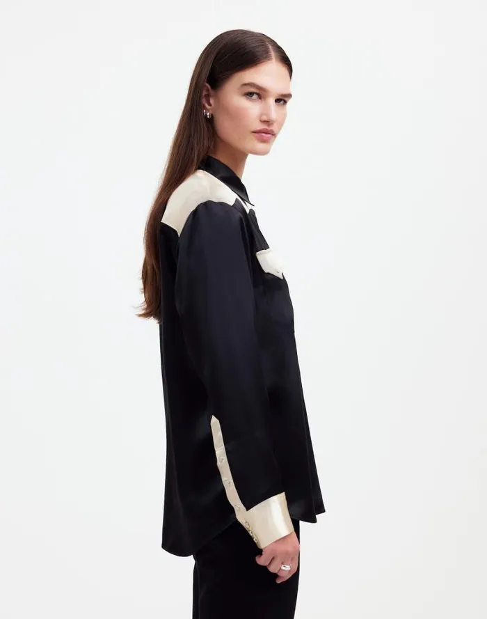 Women Alexa Chung For Madewell Satin Western Shirt True Black Alabaster Madewell Tops and Shirts