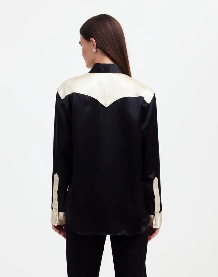 Women Alexa Chung For Madewell Satin Western Shirt True Black Alabaster Madewell Tops and Shirts