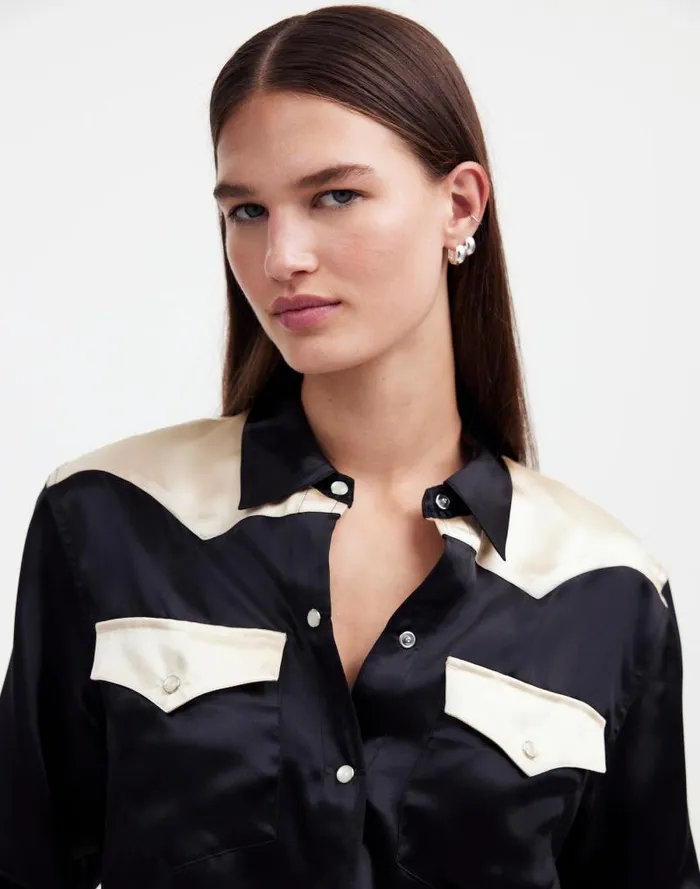 Women Alexa Chung For Madewell Satin Western Shirt True Black Alabaster Madewell Tops and Shirts