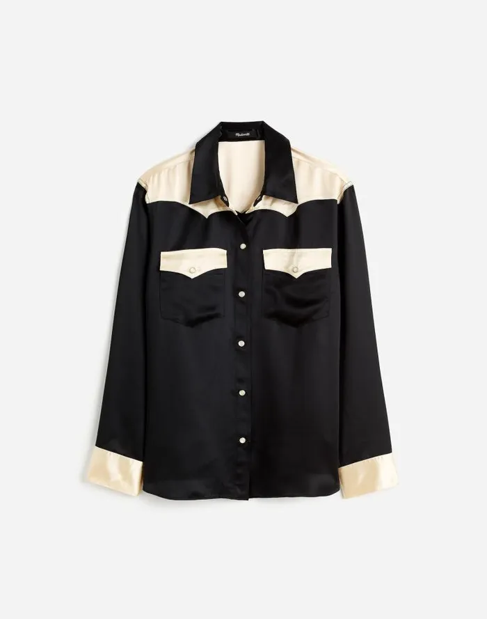 Women Alexa Chung For Madewell Satin Western Shirt True Black Alabaster Madewell Tops and Shirts