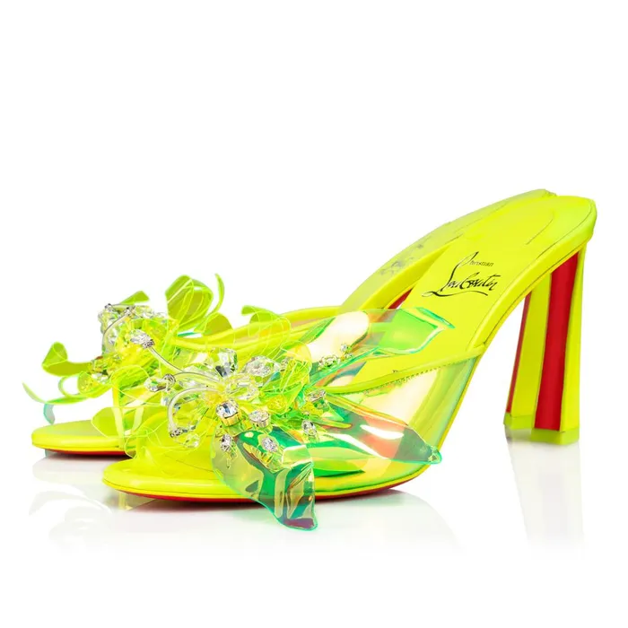 Women Alyah Mule 85 Mm Sandals 8211 TPU Techno Crepe Satin Pearlescent Patent Leather And Strass 8211 Fluo Yellow Yellow Christian Louboutin Mules Women Alyah Mule 85 Mm Sandals 8211 TPU Techno Crepe Satin Pearlescent Patent Leather And Strass 8211 Fluo Yellow Yellow Christian Louboutin Mules