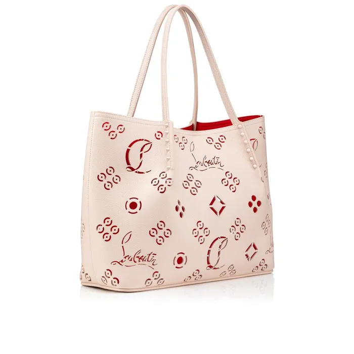 Women Cabarock Large Tote Bag 8211 Perforated Calf Leather Loubinthesky And Spikes 8211 Leche Beige Christian Louboutin Totes