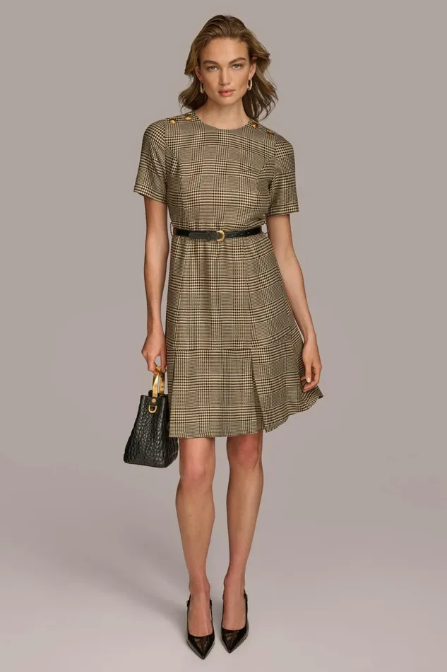 Women Donna Karan Dresses And Jumpsuits PLEATED PLAID DRESS WITH BELT Blackfawngold Women Donna Karan Dresses And Jumpsuits PLEATED PLAID DRESS WITH BELT Blackfawngold