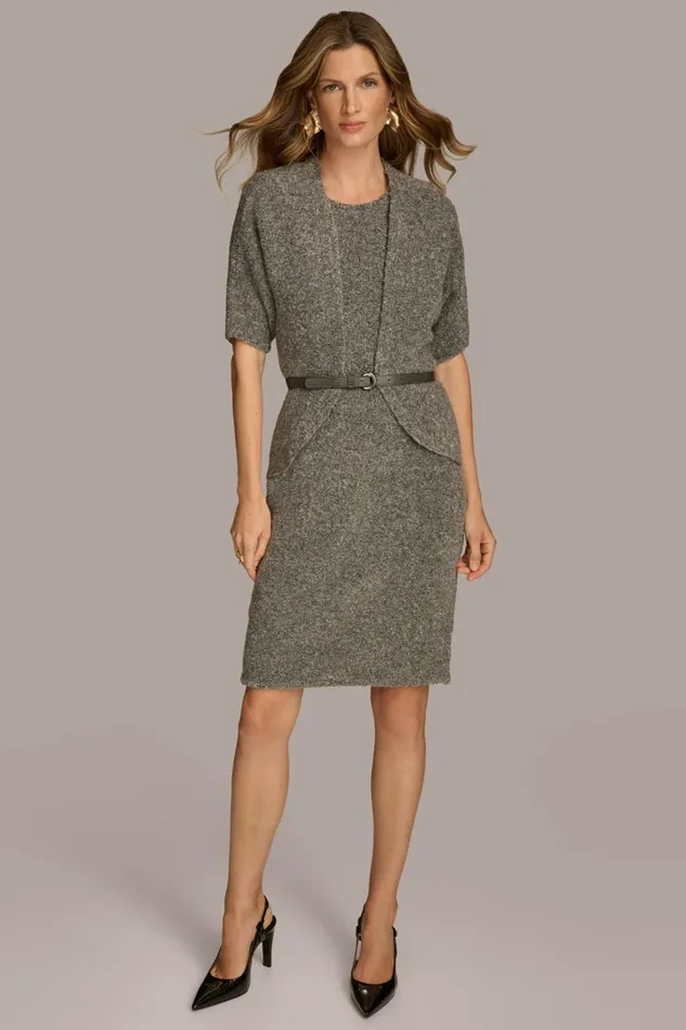 Women Donna Karan Dresses And Jumpsuits TWO PIECE SWEATER DRESS WITH BELT Tin Heather