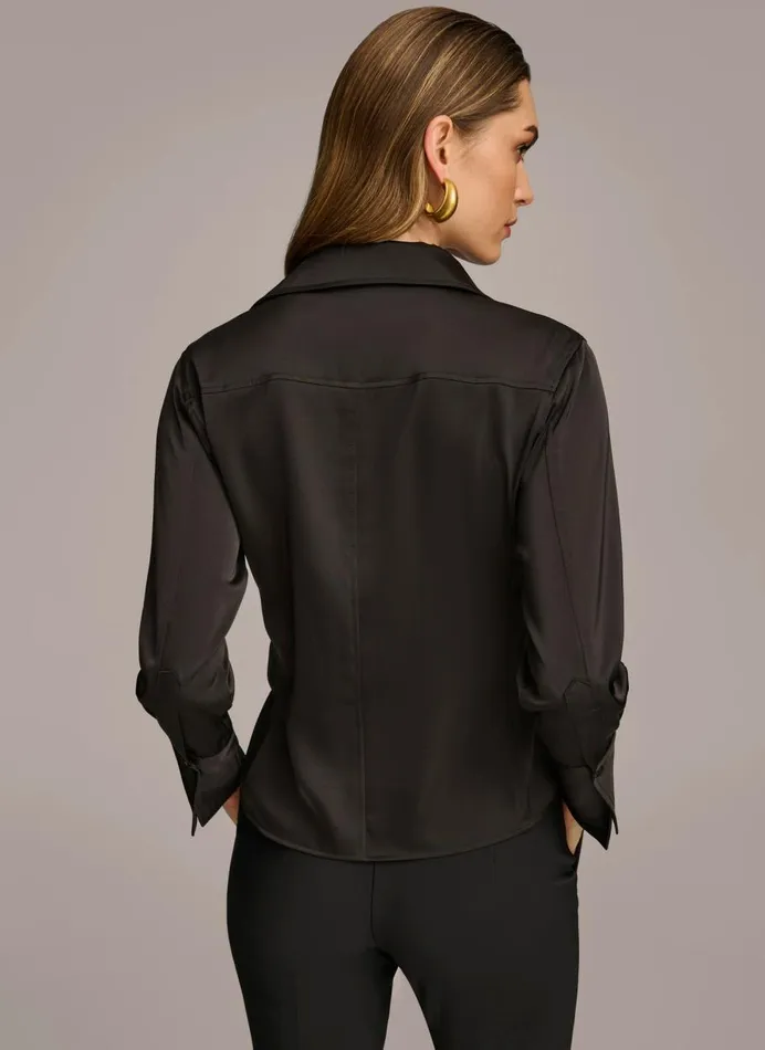 Women Donna Karan Sweaters And Tops COLLARED BUTTON DOWN BLOUSE Black