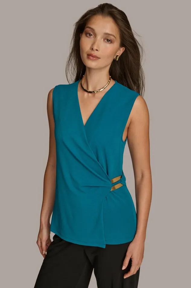 Women Donna Karan Sweaters And Tops FAUX WRAP TOP WITH BRUSHED HARDWARE DETAIL Empire Teal