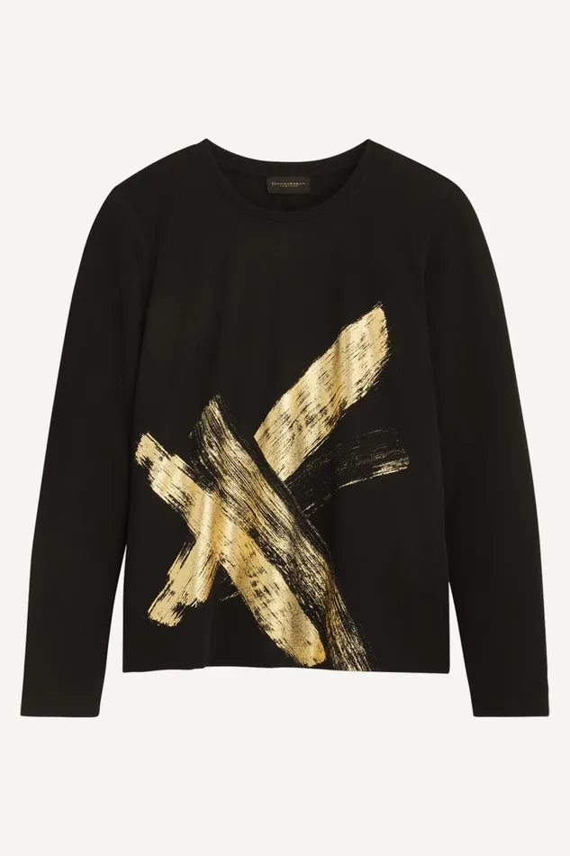 Women Donna Karan Sweaters And Tops GOLD PAINT PRINT TOP Black