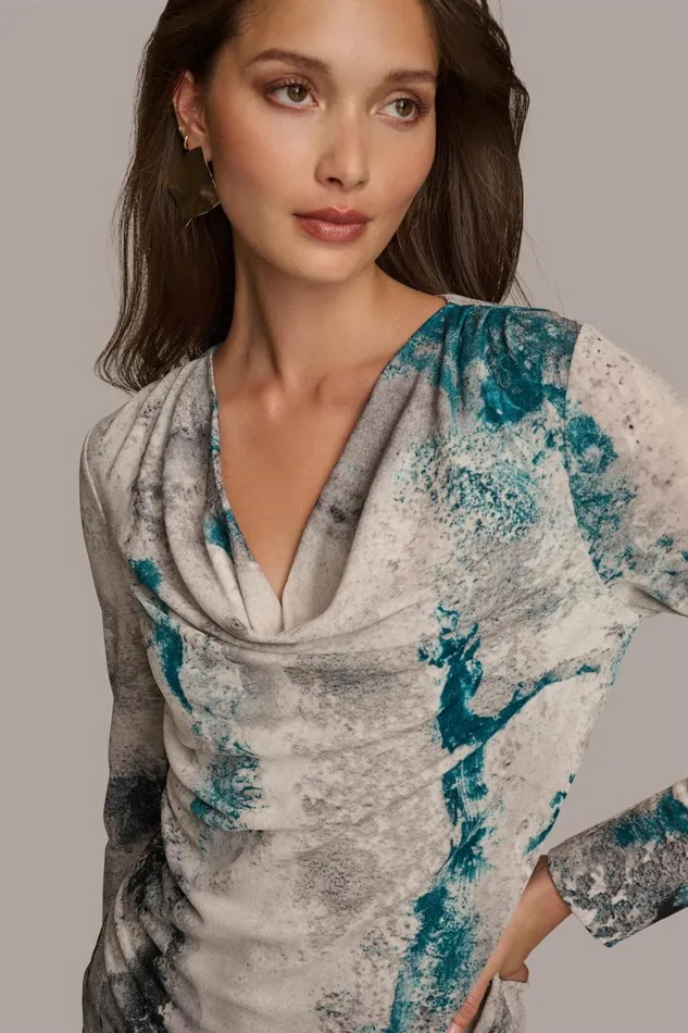 Women Donna Karan Sweaters And Tops PRINT DRAPE FRONT TOP Peacock Blue
