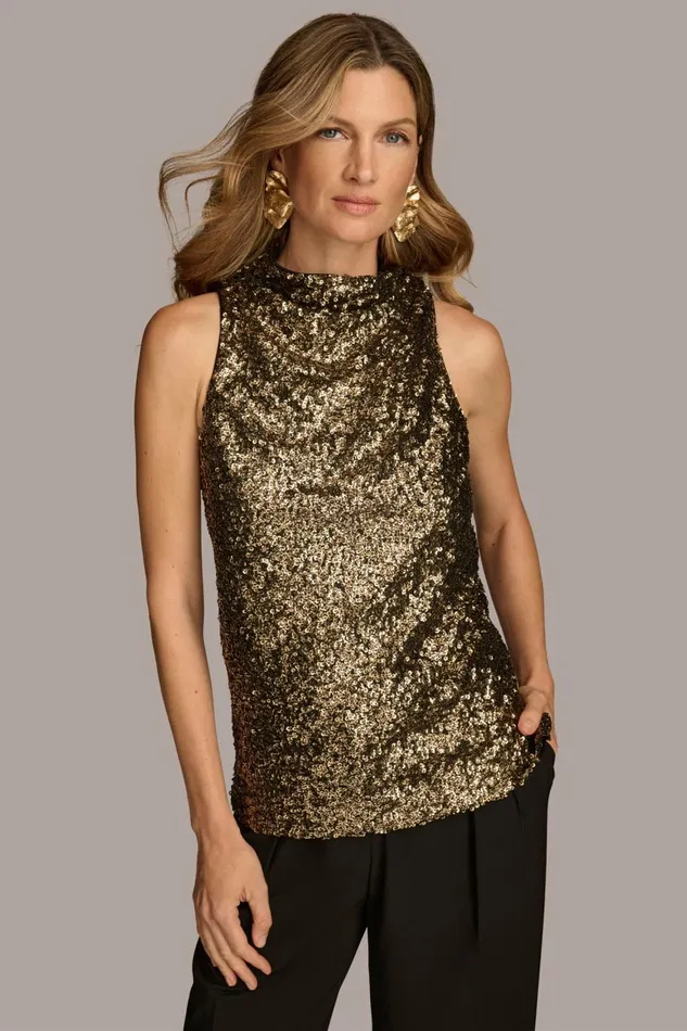 Women Donna Karan Sweaters And Tops SEQUIN COWL NECK TOP Goldblack