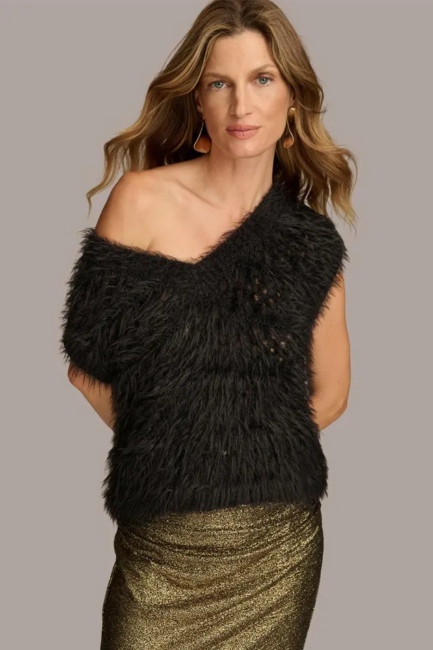 Women Donna Karan Sweaters And Tops VNECK EYELASH TOP Black