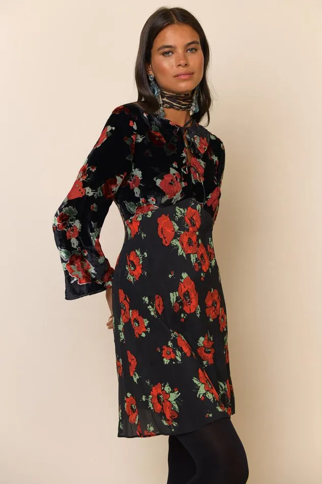 Women Dresses RIXO Malibu Black Poppy Burnout Mix