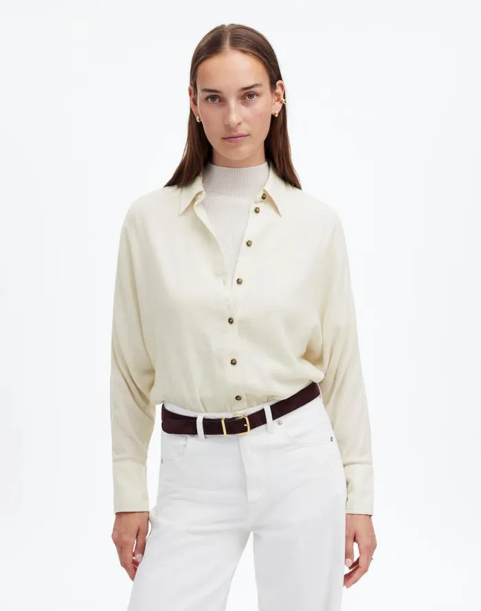 Women Heathered Flannel Dolman ButtonUp Shirt Ivory Melange Madewell Tops and Shirts
