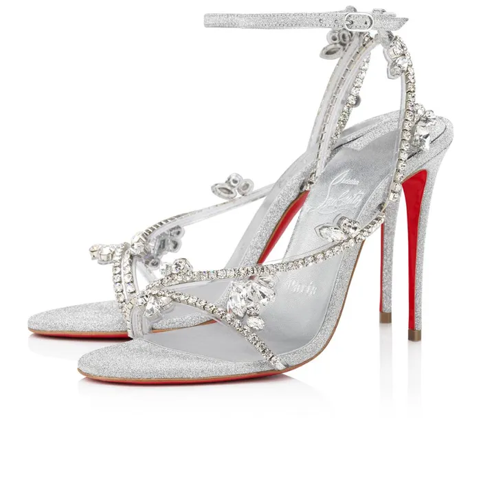 Women Joli Queen 100 Mm Sandals 8211 Glittered Calf Leather And PVC 8211 Silver Silver Christian Louboutin Sandals and Slides Women Joli Queen 100 Mm Sandals 8211 Glittered Calf Leather And PVC 8211 Silver Silver Christian Louboutin Sandals and Slides