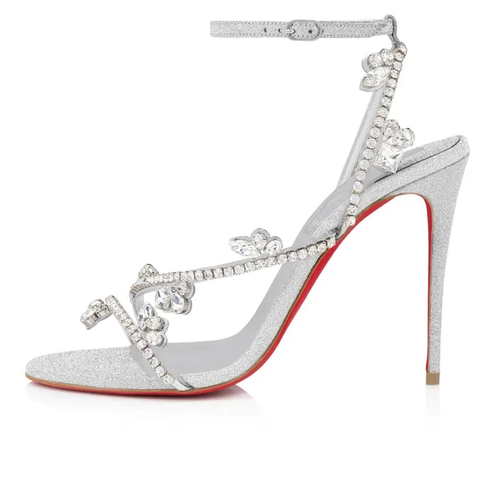Women Joli Queen 100 Mm Sandals 8211 Glittered Calf Leather And PVC 8211 Silver Silver Christian Louboutin Sandals and Slides