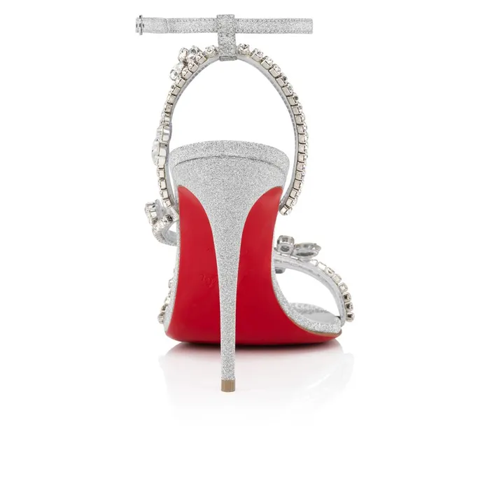 Women Joli Queen 100 Mm Sandals 8211 Glittered Calf Leather And PVC 8211 Silver Silver Christian Louboutin Sandals and Slides