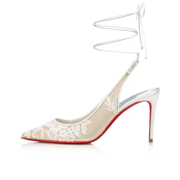 Women Lace Up Kate 85 Mm Pumps 8211 Mesh Lace Marie And Leather 8211 Off White White Christian Louboutin Pumps