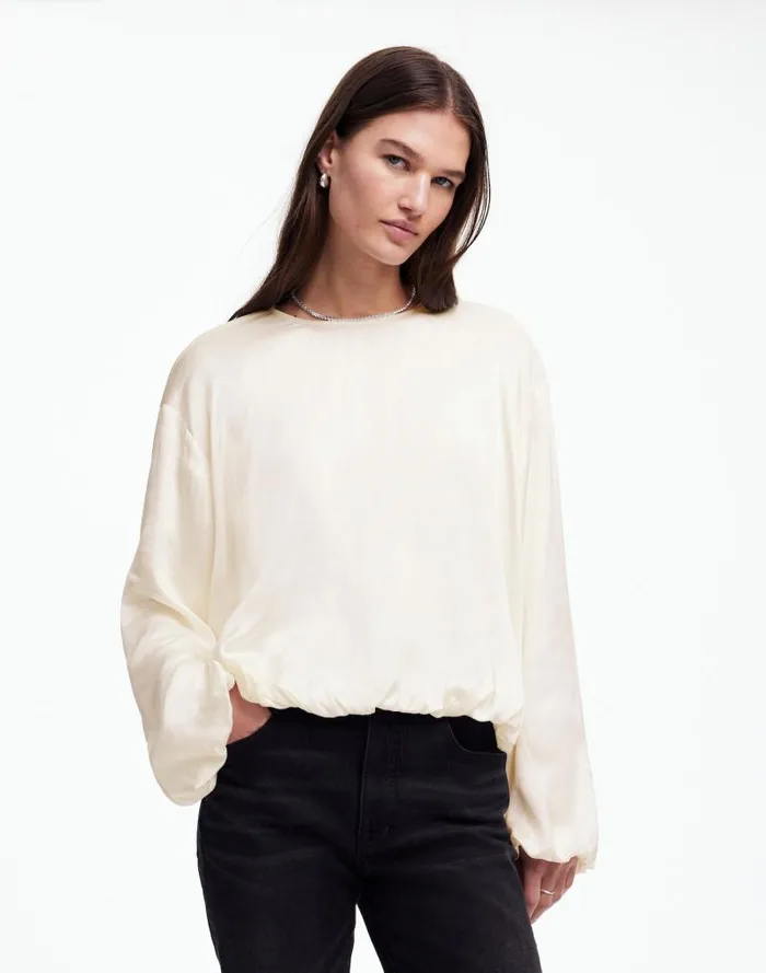 Women LongSleeve BubbleHem Top In Satin Winter White Madewell Tops and Shirts Women LongSleeve BubbleHem Top In Satin Winter White Madewell Tops and Shirts