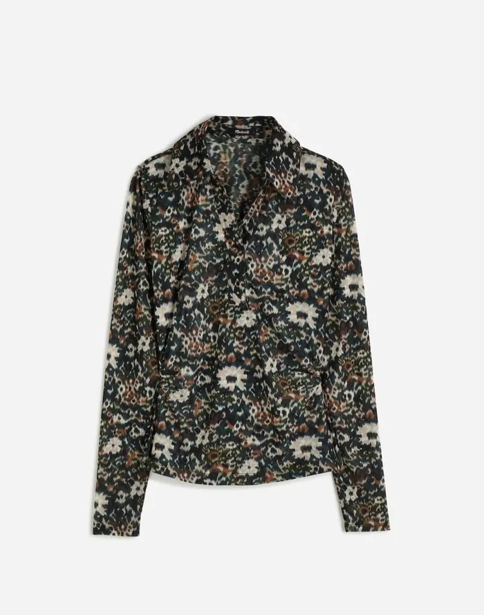 Women LongSleeve Polo Top In Floral Mesh Mossy Umber Madewell Tops and Shirts