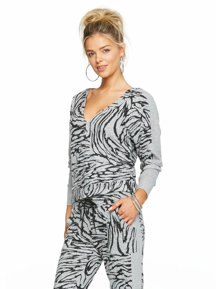 Women Loungewear Jessica Simpson Lola Pullover In Heather Grey Zebra Stripe Heather Grey Zebra Stripe