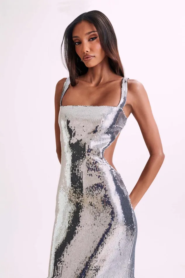 Women Meshki Dresses Adoria Sequin Cut Out Maxi Dress 8211 Silver