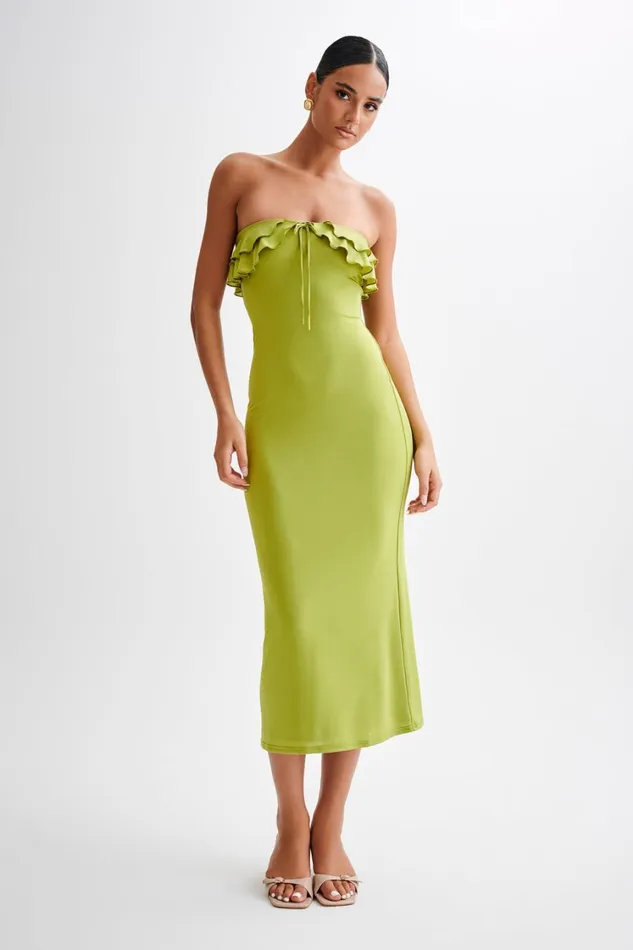 Women Meshki Dresses Bea Strapless Slinky Ruffle Midi Dress 8211 Apple