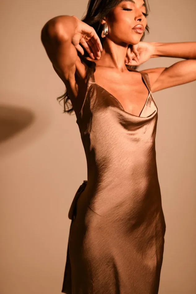 Women Meshki Dresses Caellie Satin Cowl Maxi Dress 8211 Taupe