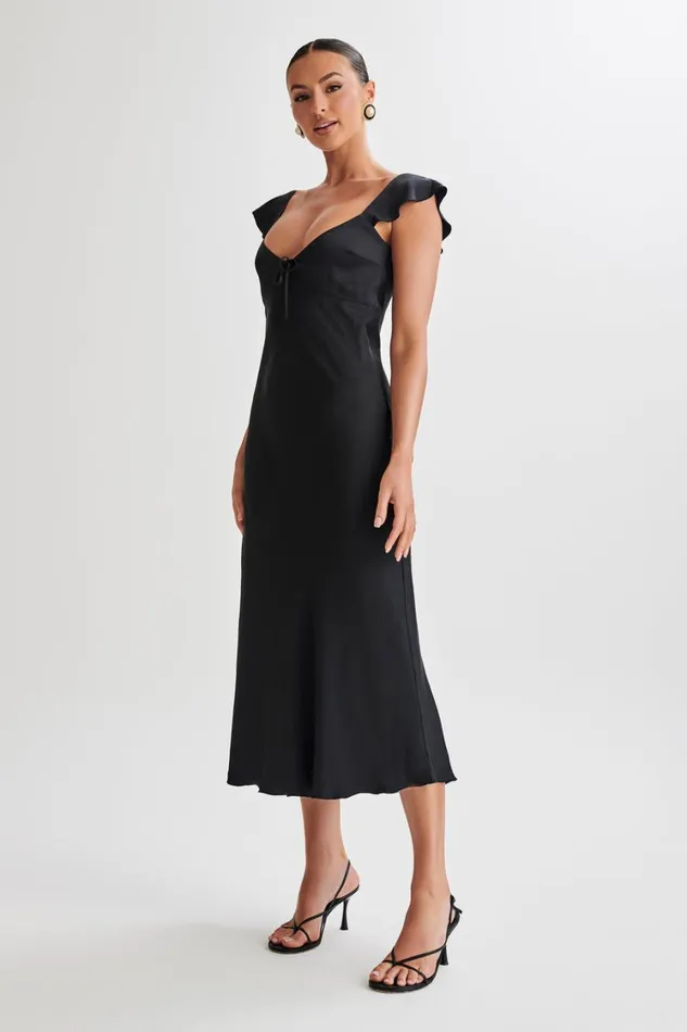 Women Meshki Dresses Chantal Short Sleeve Satin Midi Dress 8211 Black