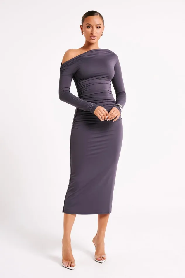 Women Meshki Dresses Christabel Recycled Nylon Ruched Midi Dress 8211 Charcoal