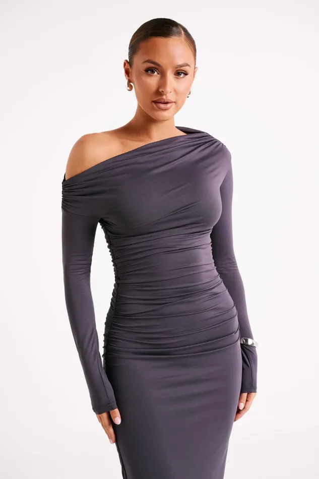Women Meshki Dresses Christabel Recycled Nylon Ruched Midi Dress 8211 Charcoal