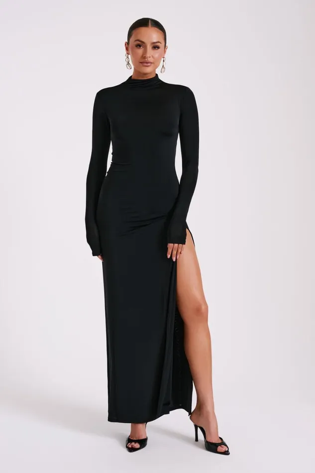 Women Meshki Dresses Elani Slinky High Neck Maxi Dress 8211 Black