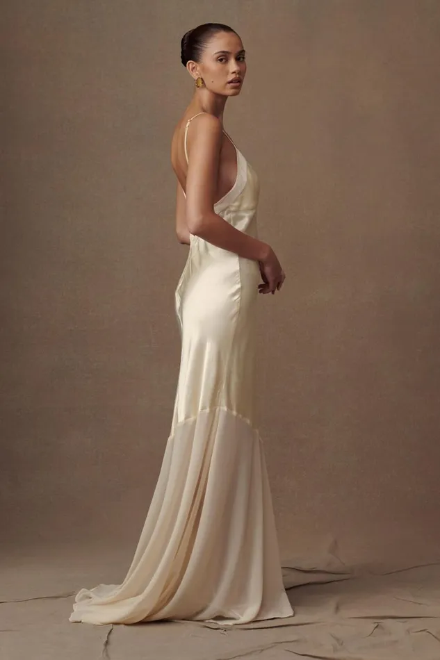Women Meshki Dresses Evelyn Iridescent Satin Maxi Dress 8211 Lemon Sorbet