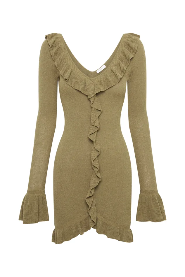 Women Meshki Dresses Karolina Knit Mini Dress With Frill 8211 Olive