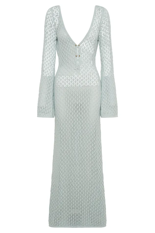 Women Meshki Dresses Kayleigh Crochet Fishtail Flare Sleeve Maxi Dress 8211 Arctic Blue