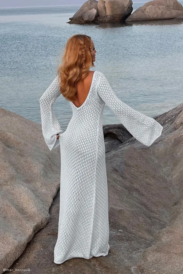 Women Meshki Dresses Kayleigh Crochet Fishtail Flare Sleeve Maxi Dress 8211 Arctic Blue