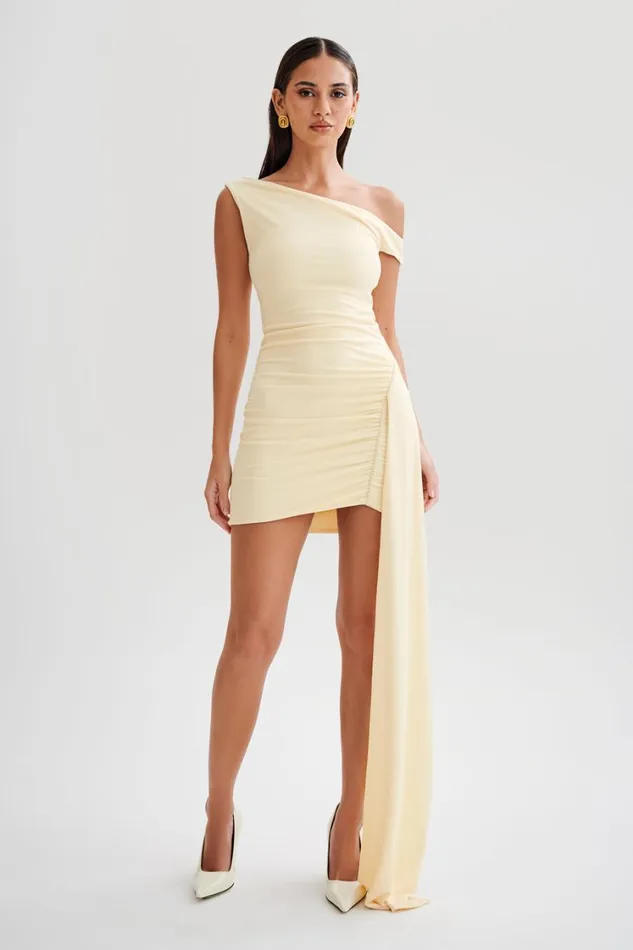 Women Meshki Dresses Kiera Slinky Off Shoulder Mini Dress 8211 Lemon