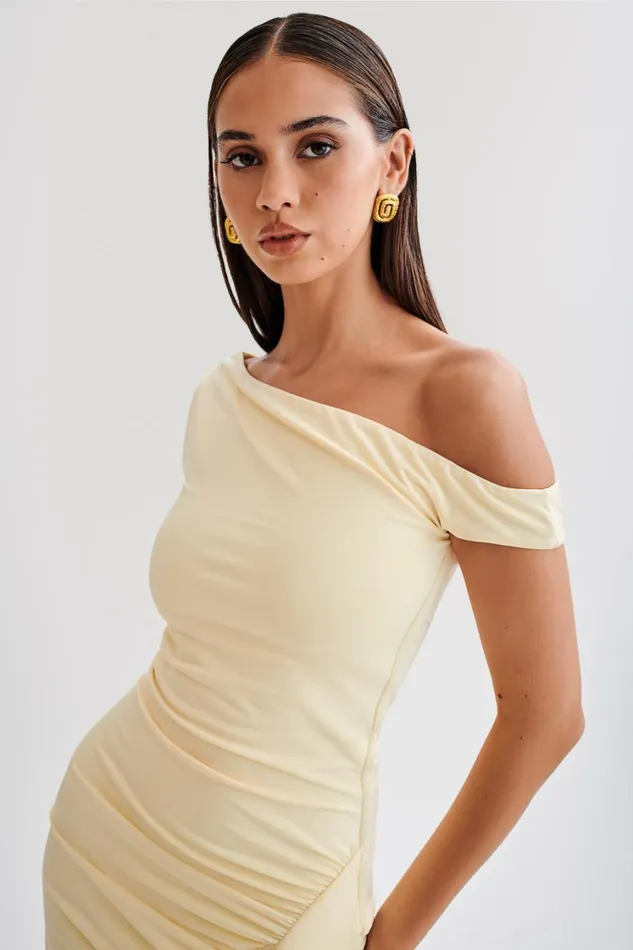 Women Meshki Dresses Kiera Slinky Off Shoulder Mini Dress 8211 Lemon