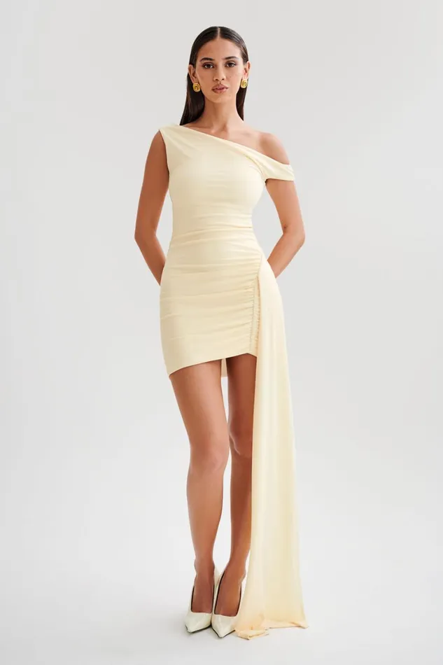 Women Meshki Dresses Kiera Slinky Off Shoulder Mini Dress 8211 Lemon