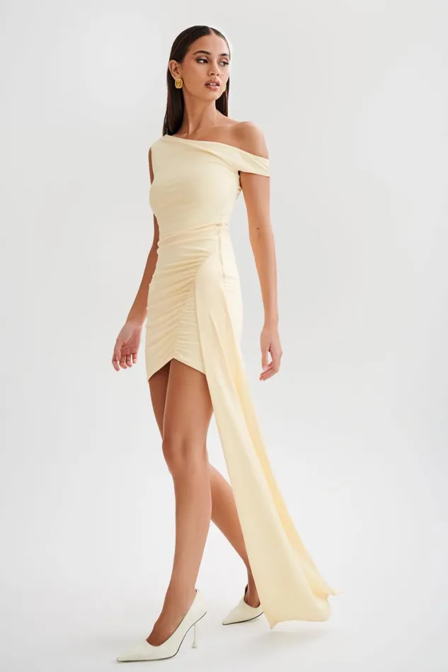 Women Meshki Dresses Kiera Slinky Off Shoulder Mini Dress 8211 Lemon