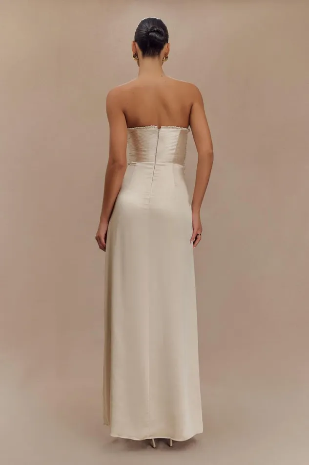 Women Meshki Dresses Larissa Satin Maxi Dress With Ruched Petals 8211 Champagne