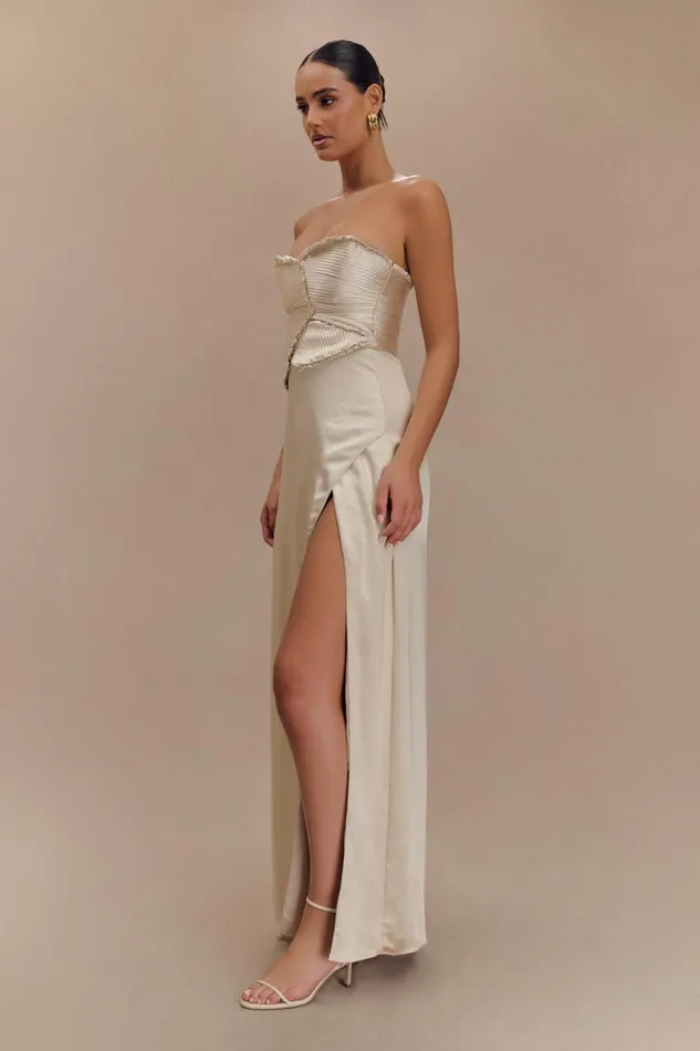 Women Meshki Dresses Larissa Satin Maxi Dress With Ruched Petals 8211 Champagne