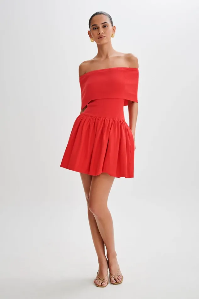 Women Meshki Dresses Lydia Off Shoulder Knit Mini Dress 8211 Red